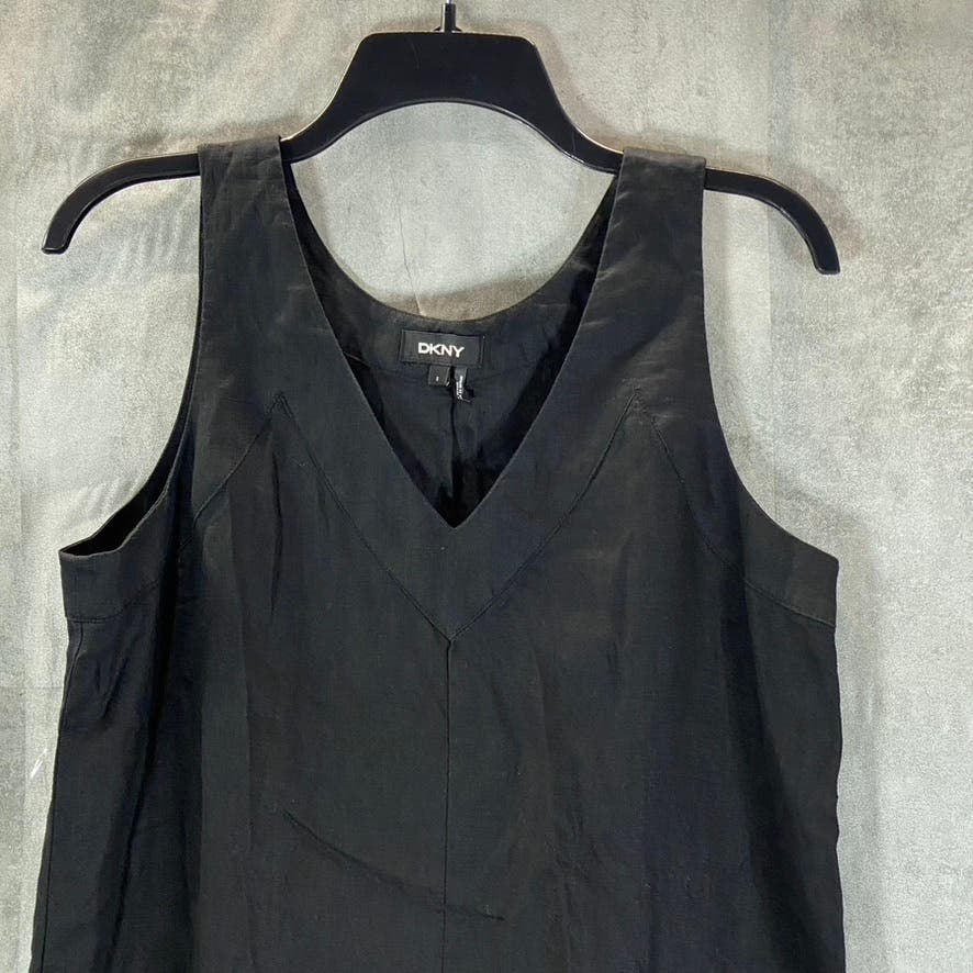 DKNY Women's Solid Black Linen V-Neck Side-Slit Lightweight Maxi Dress SZ S