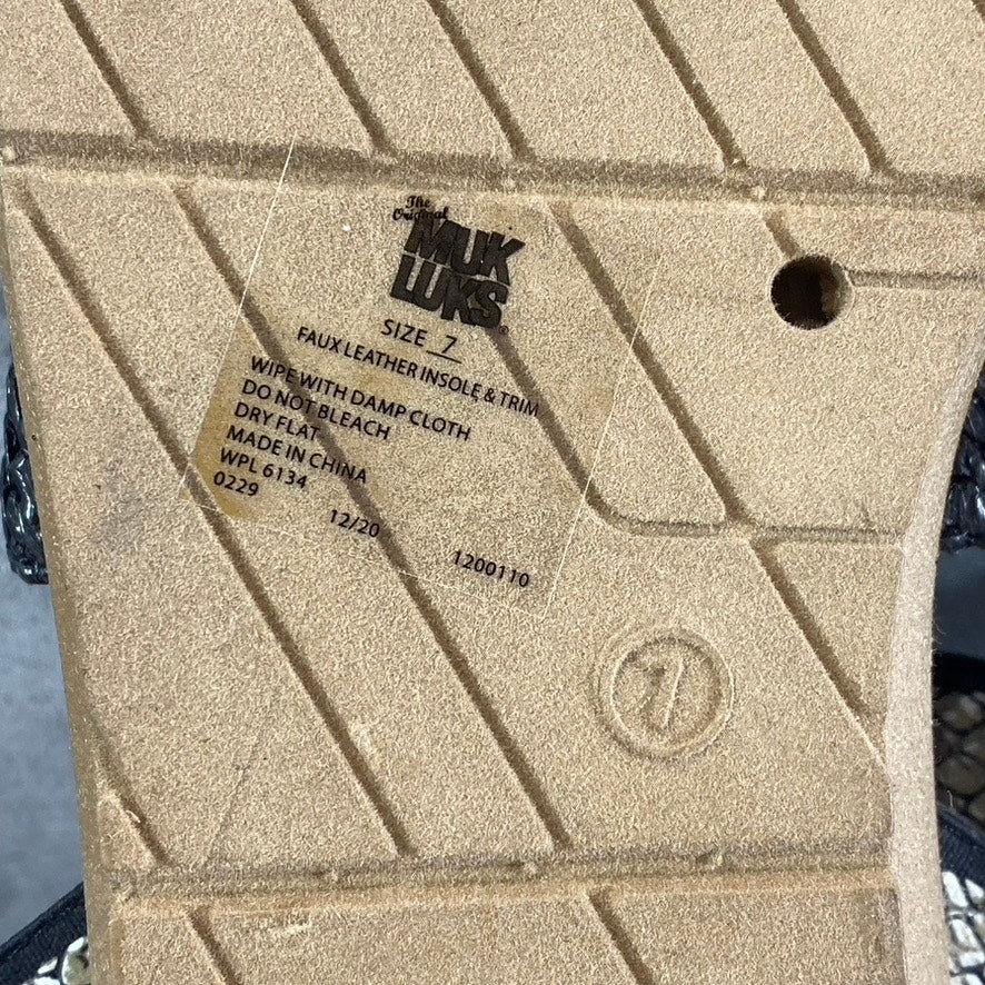 MUK LUKS Women's Black Snake Embossed About Me Ankle-Strap Slide Sandals SZ 7