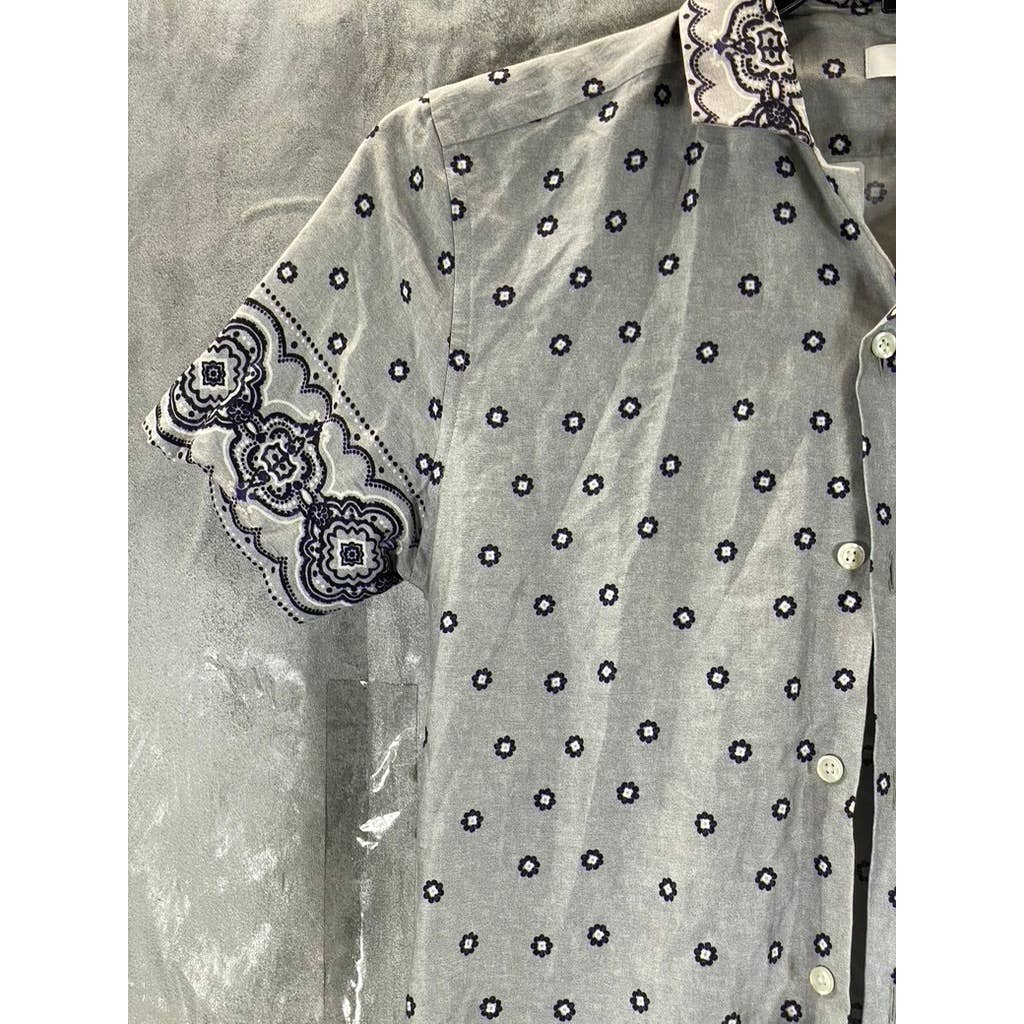 REISS Men's Grey Printed Murph Bordered Cuban Collar Button-Up Shirt SZ M
