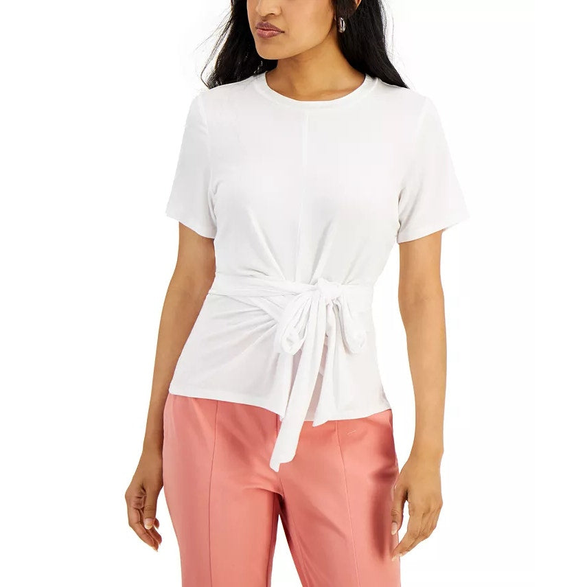 ALFANI White Wrap-Front Short Sleeve Round Neck Top SZ M