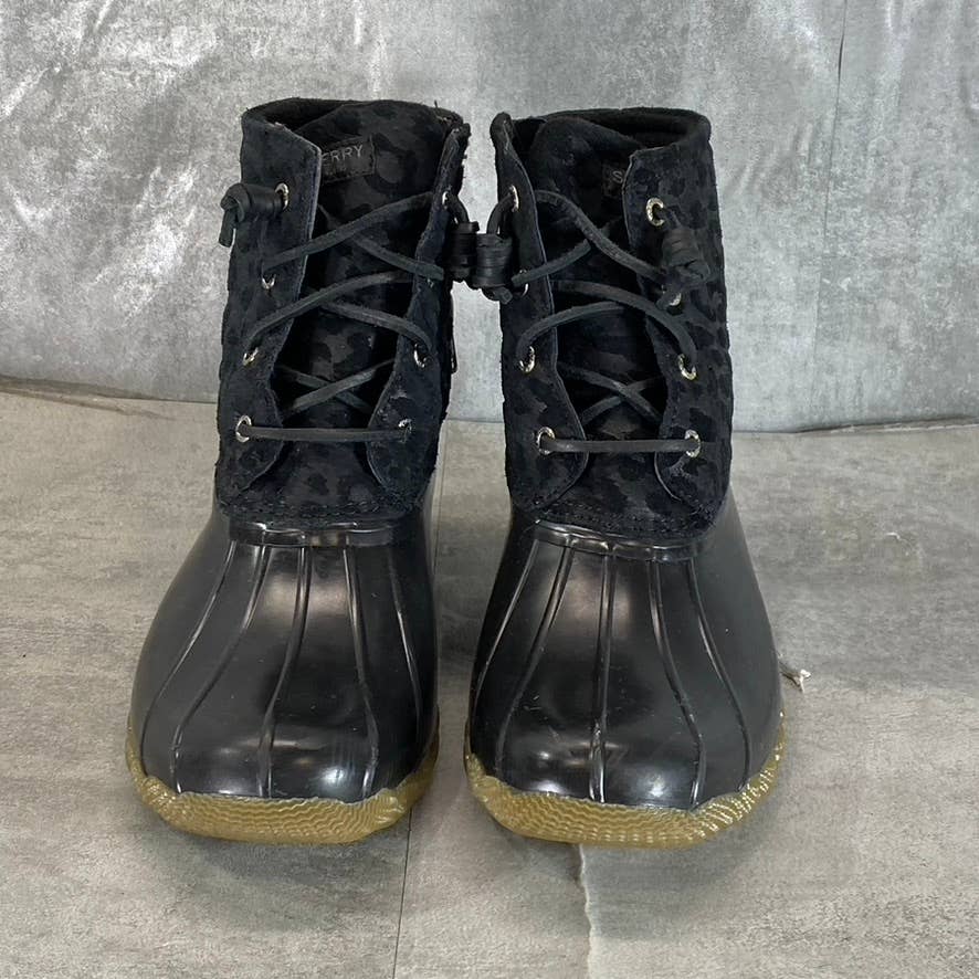 SPERRY Women's Black Saltwater Cheetah Lace-Up Waterproof Duck Boots SZ 9.5