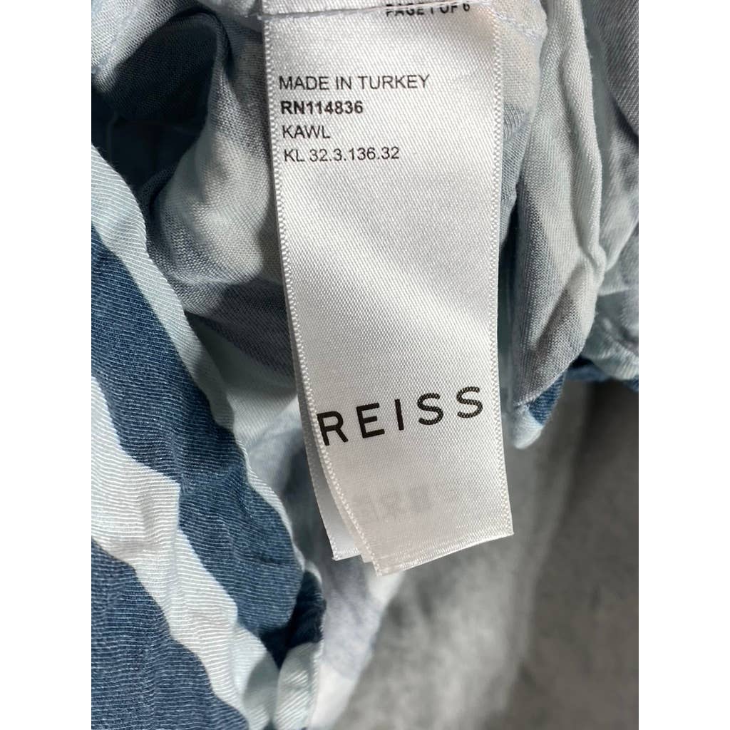 REISS Men's White/Navy Wide Stripe Slim-Fit Button-Up Long-Sleeve Shirt SZ L