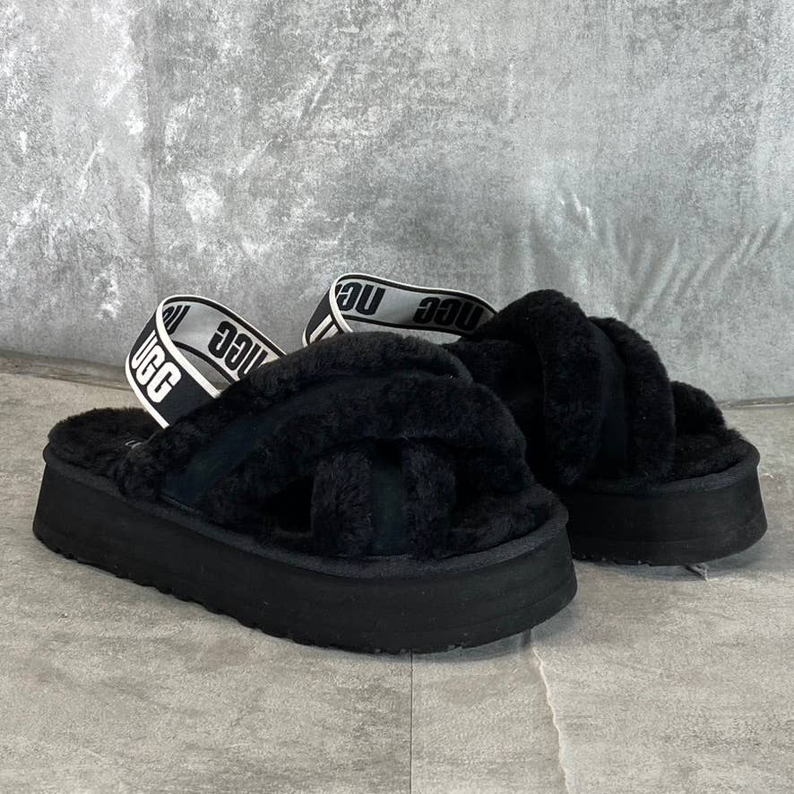 UGG Women's Black Fur Disco Cross Slide Elastic Ankle-Strap Slippers SZ 8