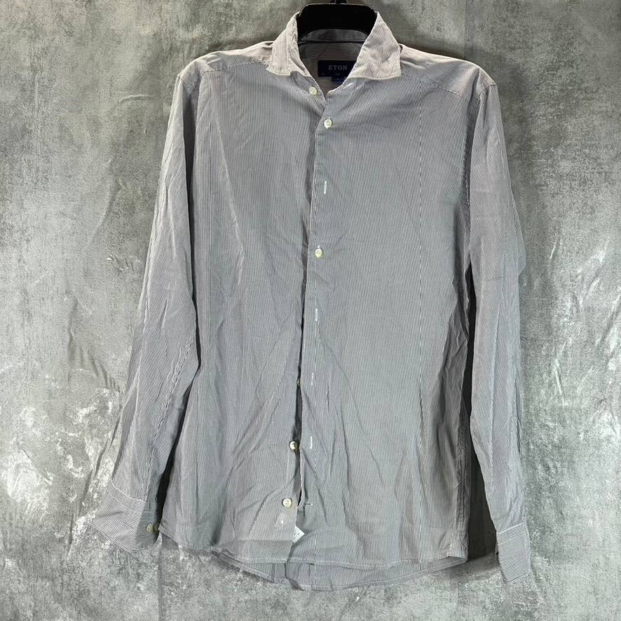 ETON Men's Grey Striped Slim Button-Up Long-Sleeve Poplin Shirt SZ S(38/15)