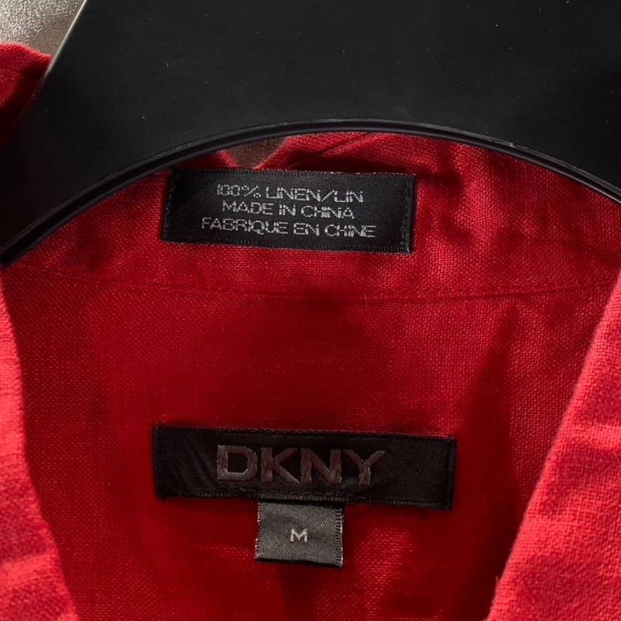 DKNY Men's Red Linen Woven Button-Up Short-Sleeve Shirt SZ M