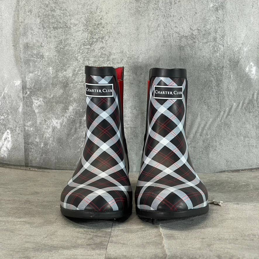 CHARTER CLUB Women's Black/Red Cloudburst Pull-On Rain Boots SZ 9