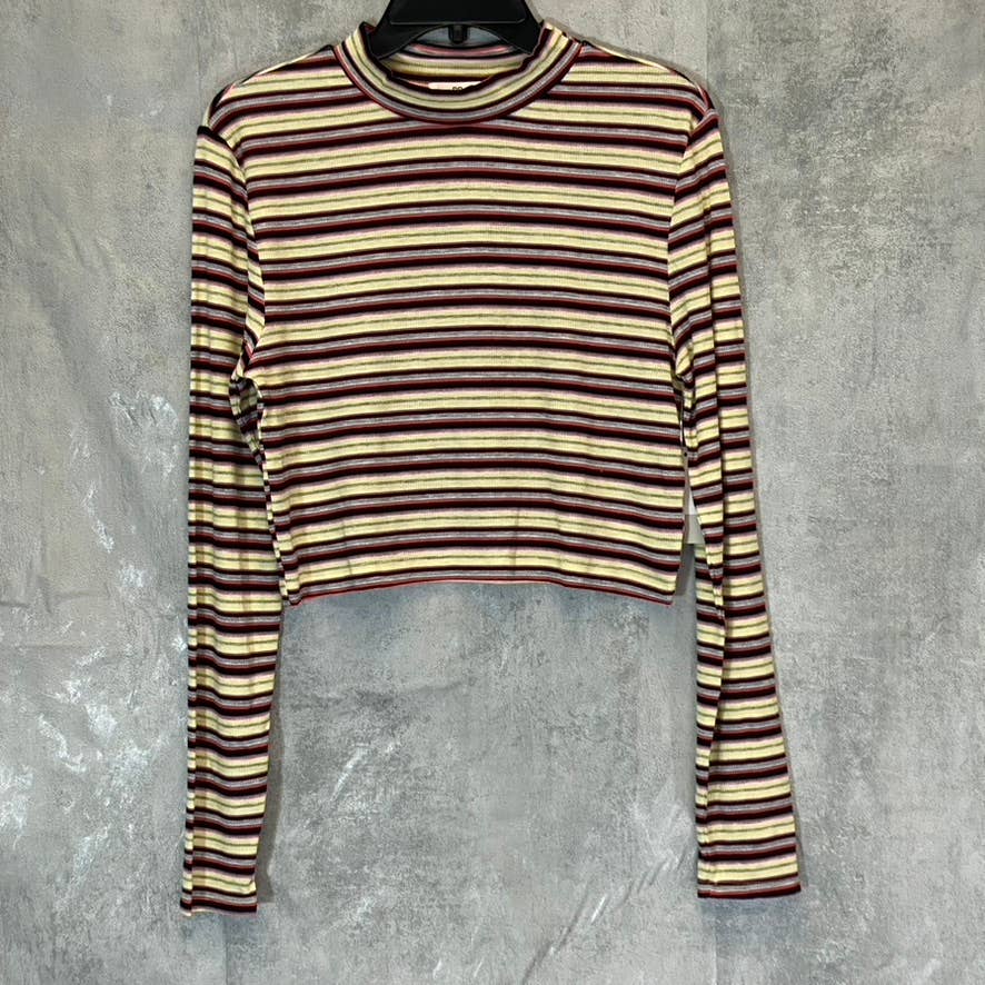 BP. Women's Yellow Multi Stripe Ribbed Mock Neck Long Sleeve Crop Top SZ XL