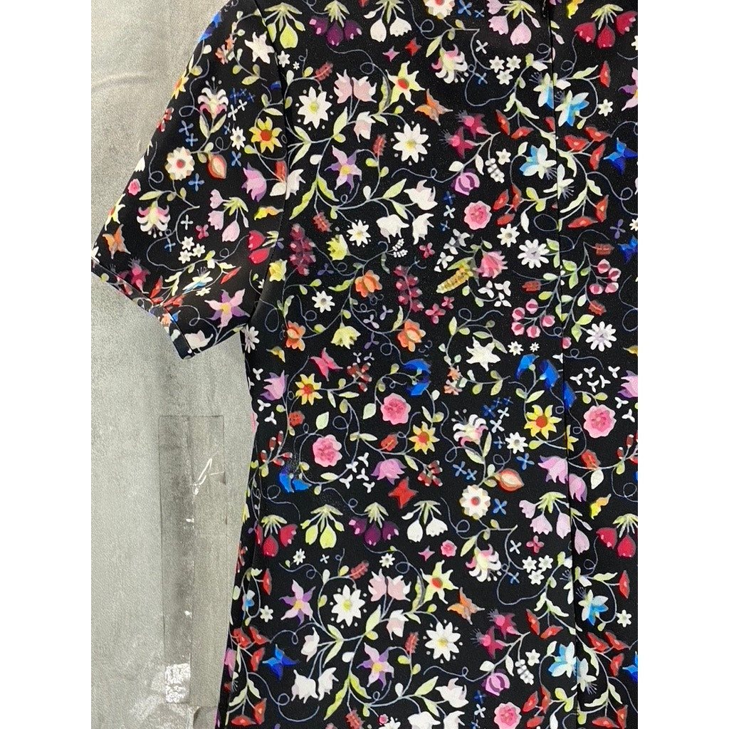 CYNTHIA ROWLEY Women's Black Floral Print Crewneck Short Sleeve Mini Dress SZ 6
