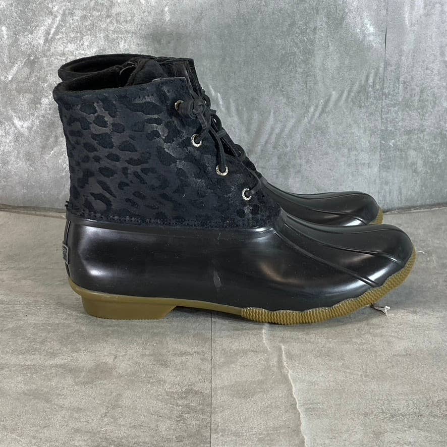 SPERRY Women's Black Saltwater Cheetah Lace-Up Waterproof Duck Boots SZ 9.5