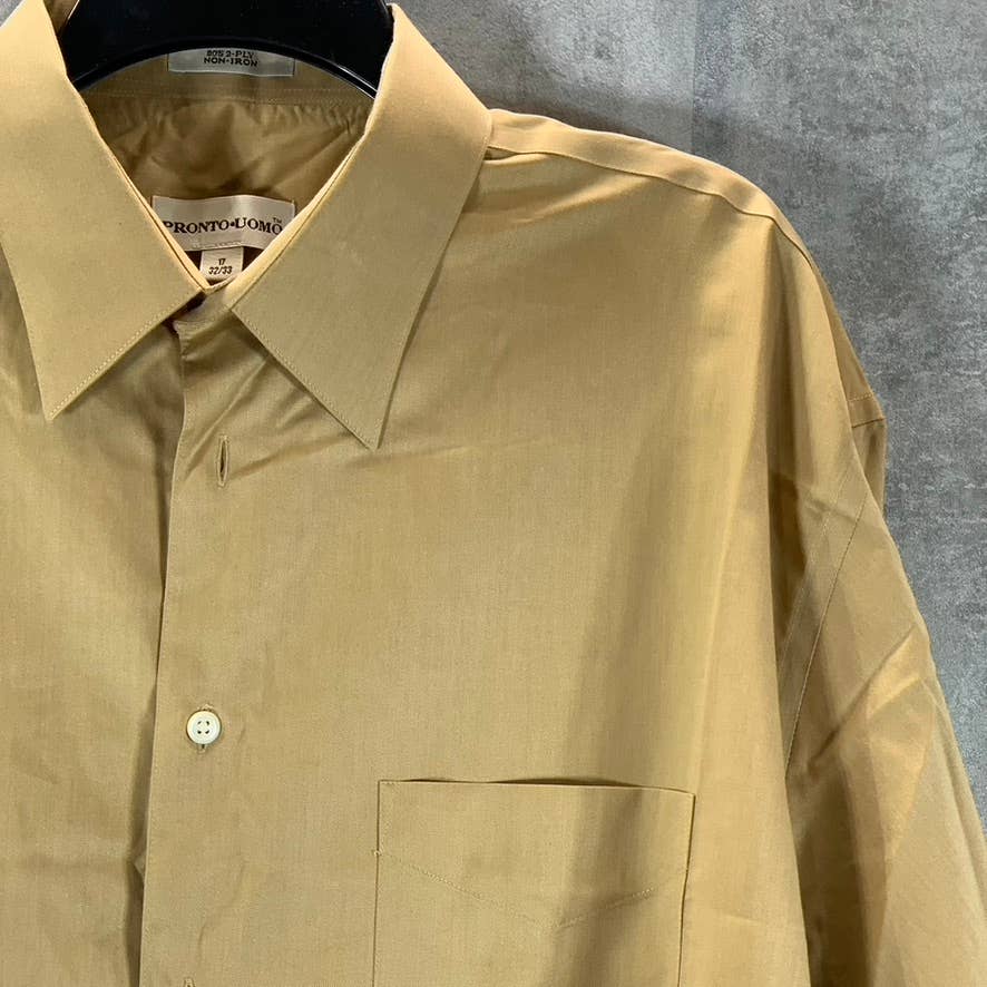 PRONTO UOMO Men's Tan Non-Iron 80's 2-Ply Button-Up Dress Shirt SZ 17 32/33