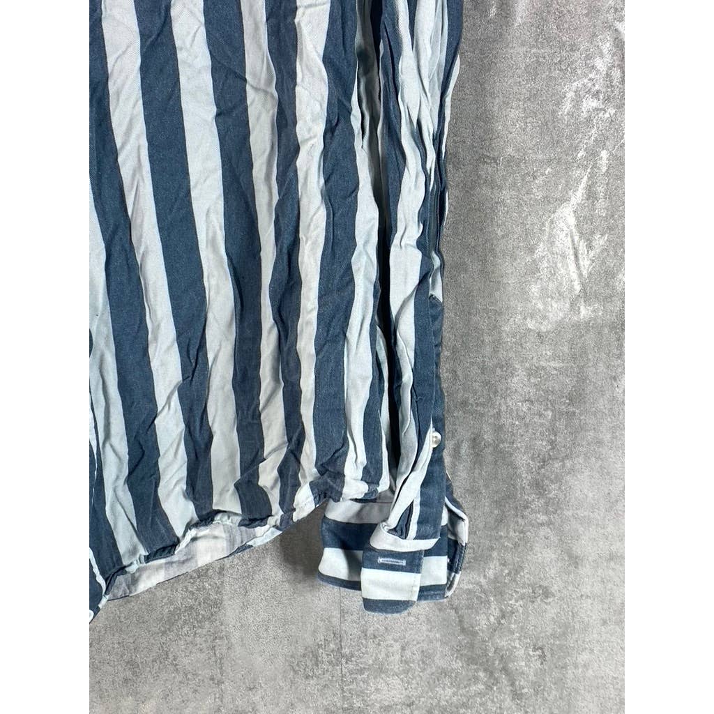 REISS Men's White/Navy Wide Stripe Slim-Fit Button-Up Long-Sleeve Shirt SZ L