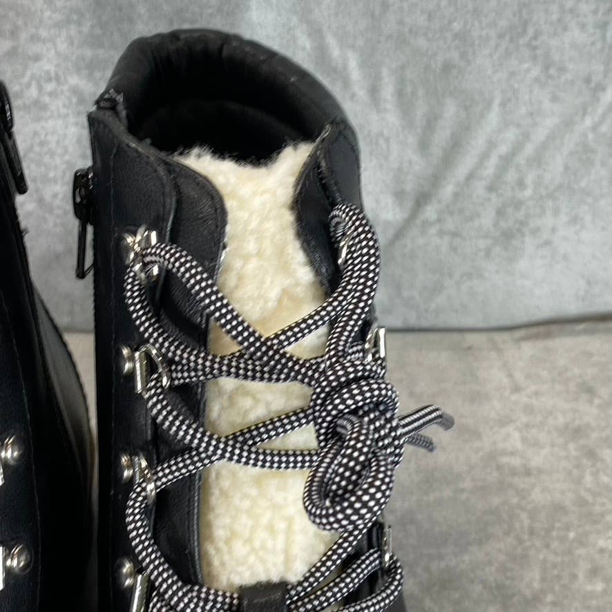 STYLE & CO Women's Black Faux-Leather Maariah Faux-Shearling Lace-Up Boots SZ 10