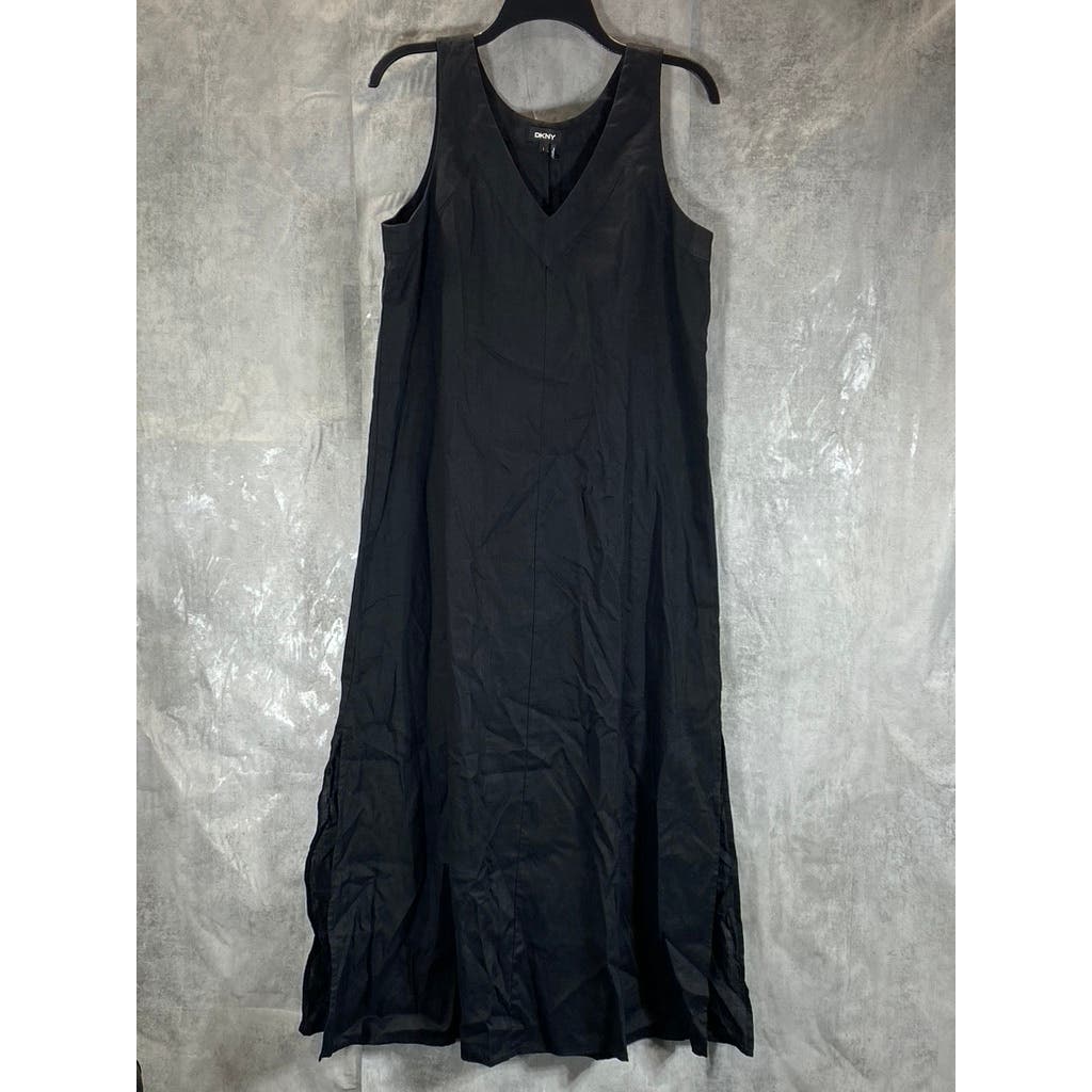 DKNY Women's Solid Black Linen V-Neck Side-Slit Lightweight Maxi Dress SZ S