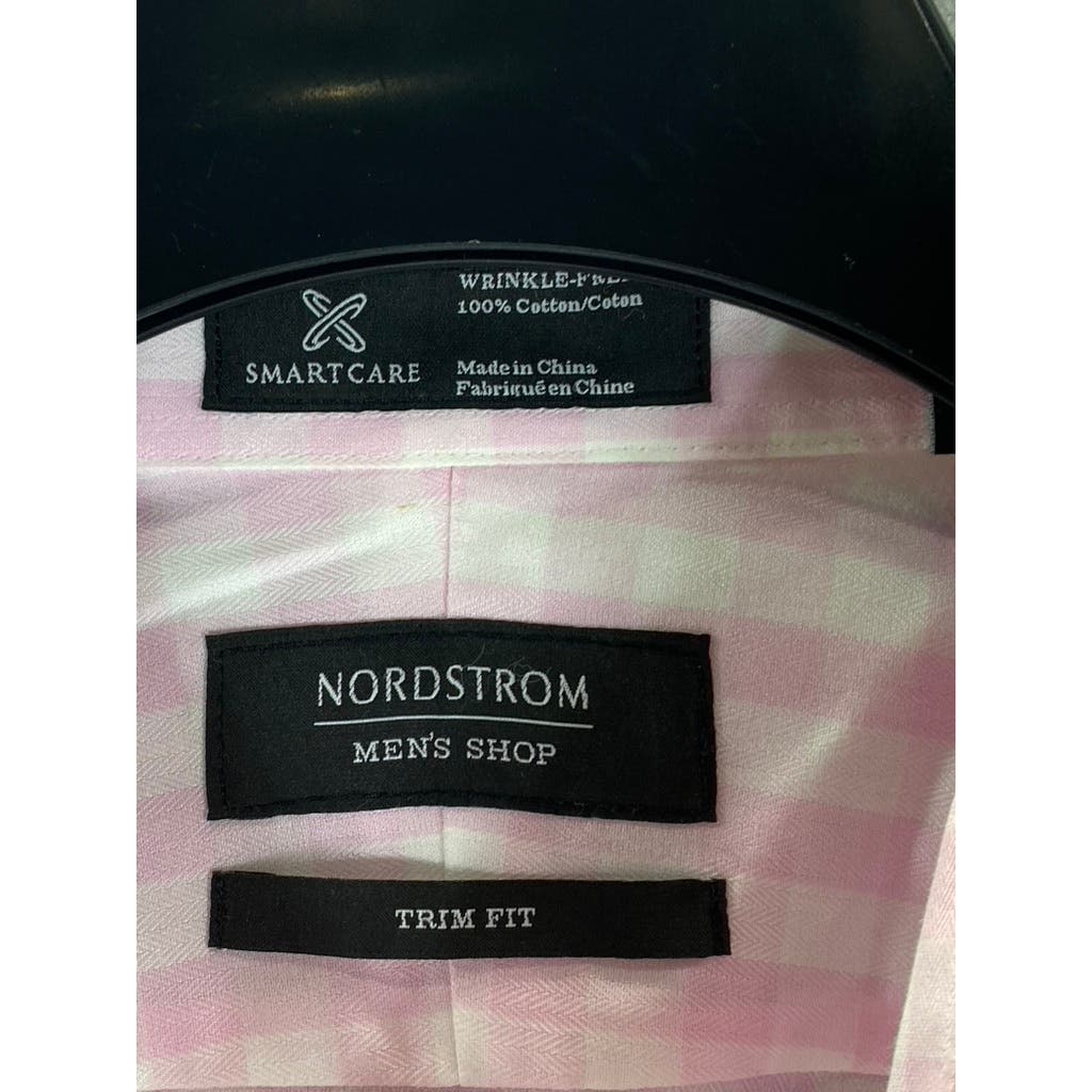 NORDSTROM MEN'S SHOP Men's Pink/White Mini Check Trim-Fit Dress Shirt SZ 17.5