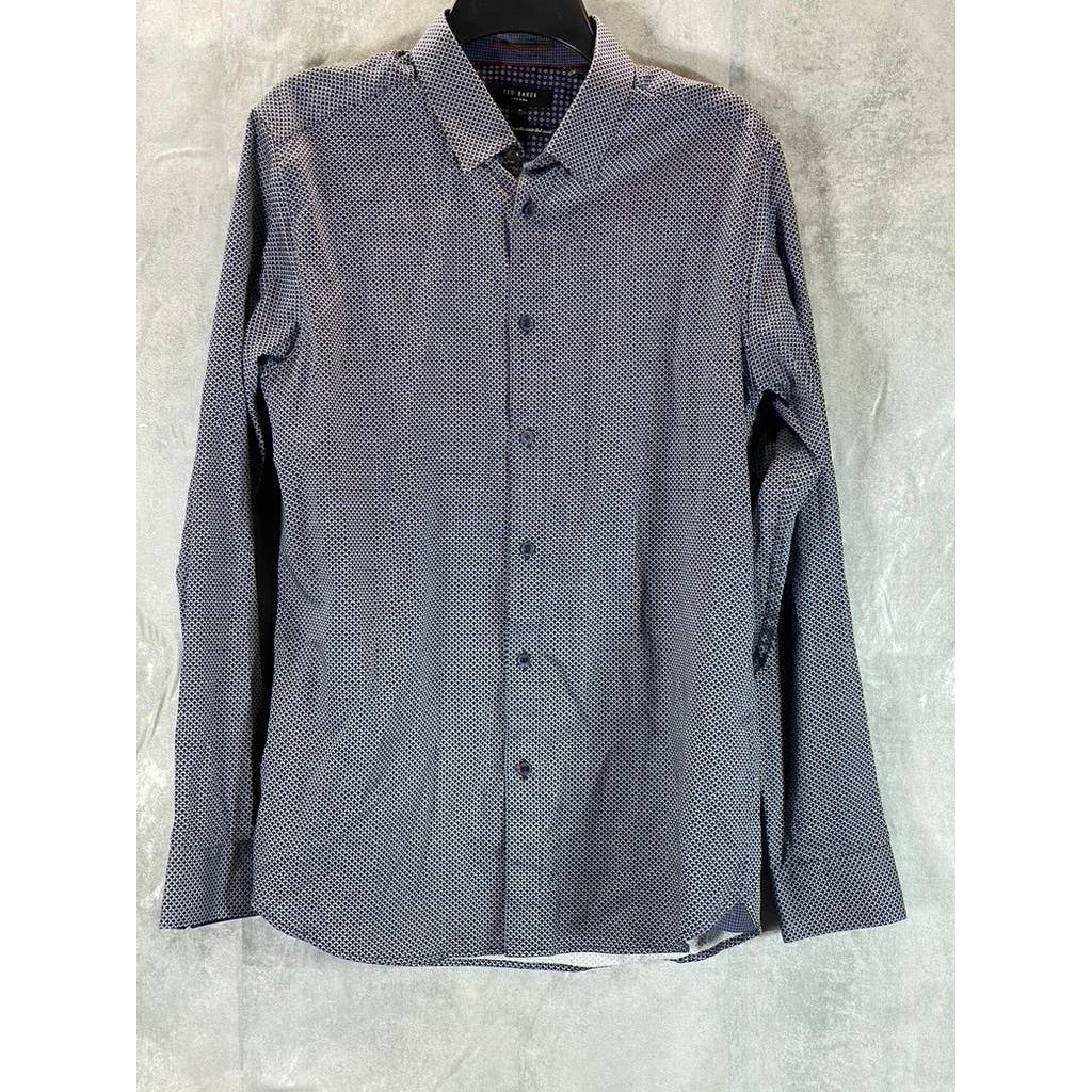 TED BAKER LONDON Men's Navy Printed Point-Collar Long-Sleeve Button-Up Shirt SZ4