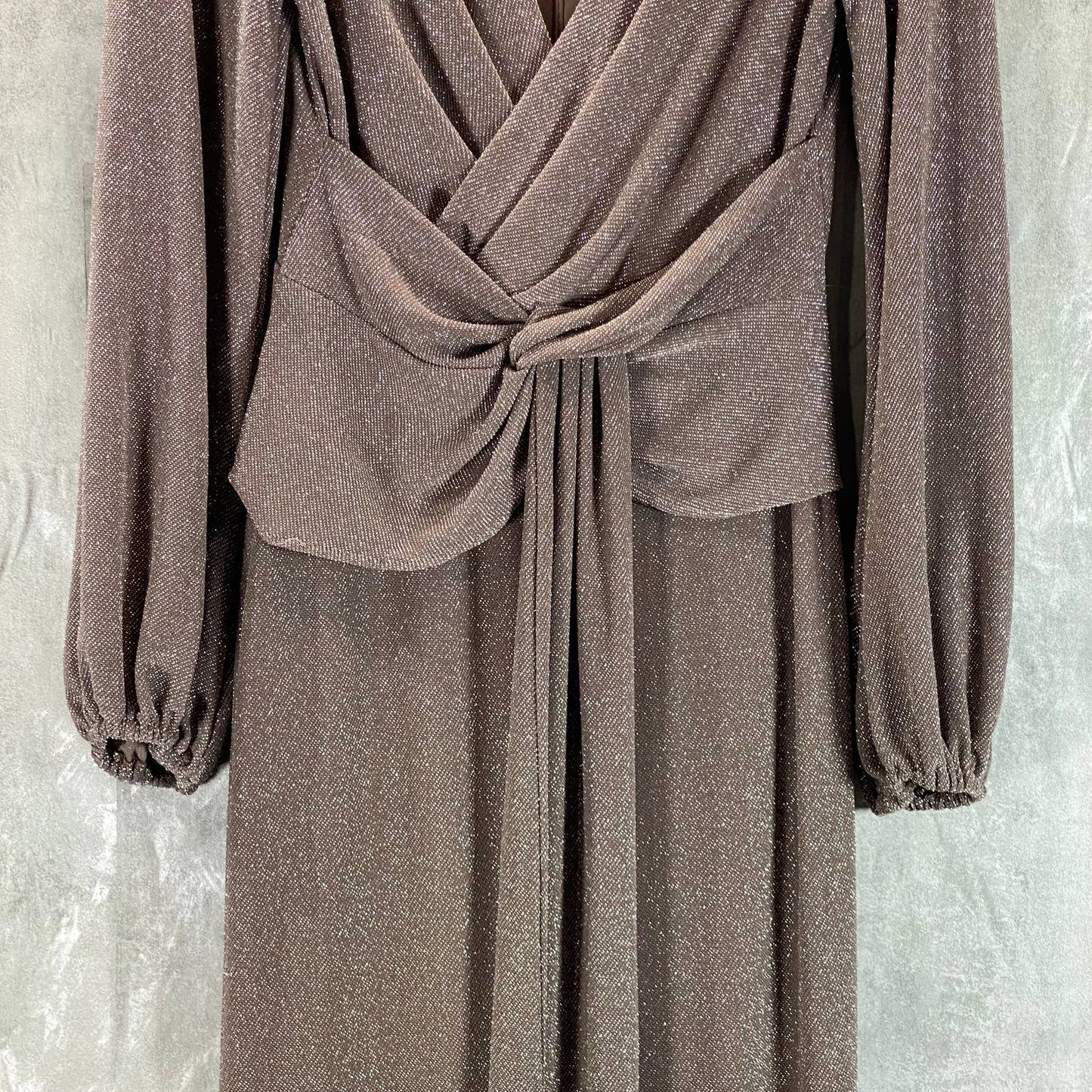 BETSY & ADAM Women's Taupe/Silver Metallic Long-Sleeve Knotted Gown SZ 10
