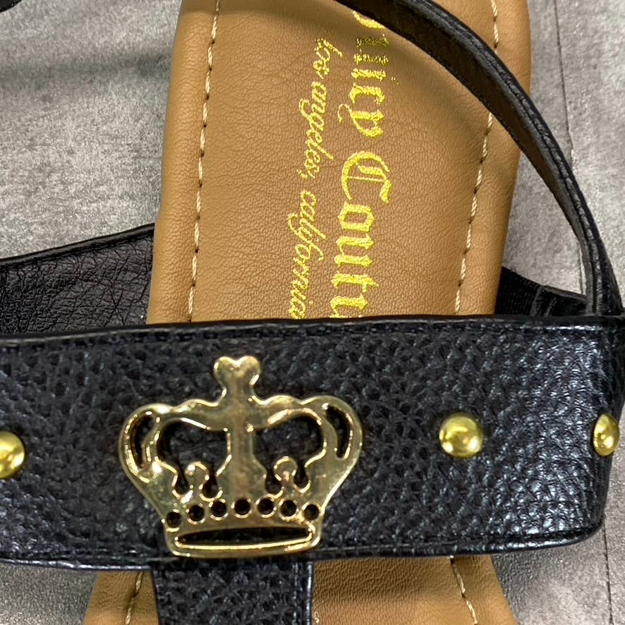 JUICY COUTURE Women's Black Faux-Leather Zing Ankle-Strap Thong Sandals SZ 6.5