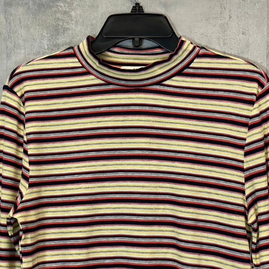 BP. Women's Yellow Multi Stripe Ribbed Mock Neck Long Sleeve Crop Top SZ XL