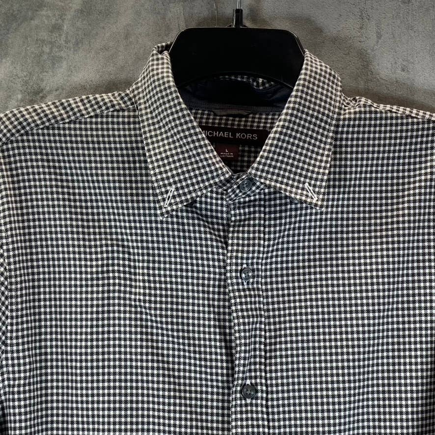 MICHAEL KORS Men's Black/White Mini Check Trim Stretch Button-Up Shirt SZ L