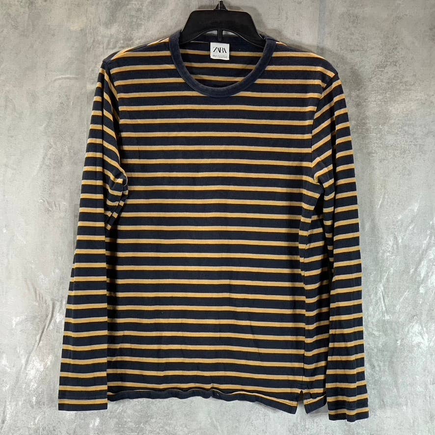 ZARA Men's Yellow/Navy Crewneck Long-Sleeve Pullover Shirt SZ M