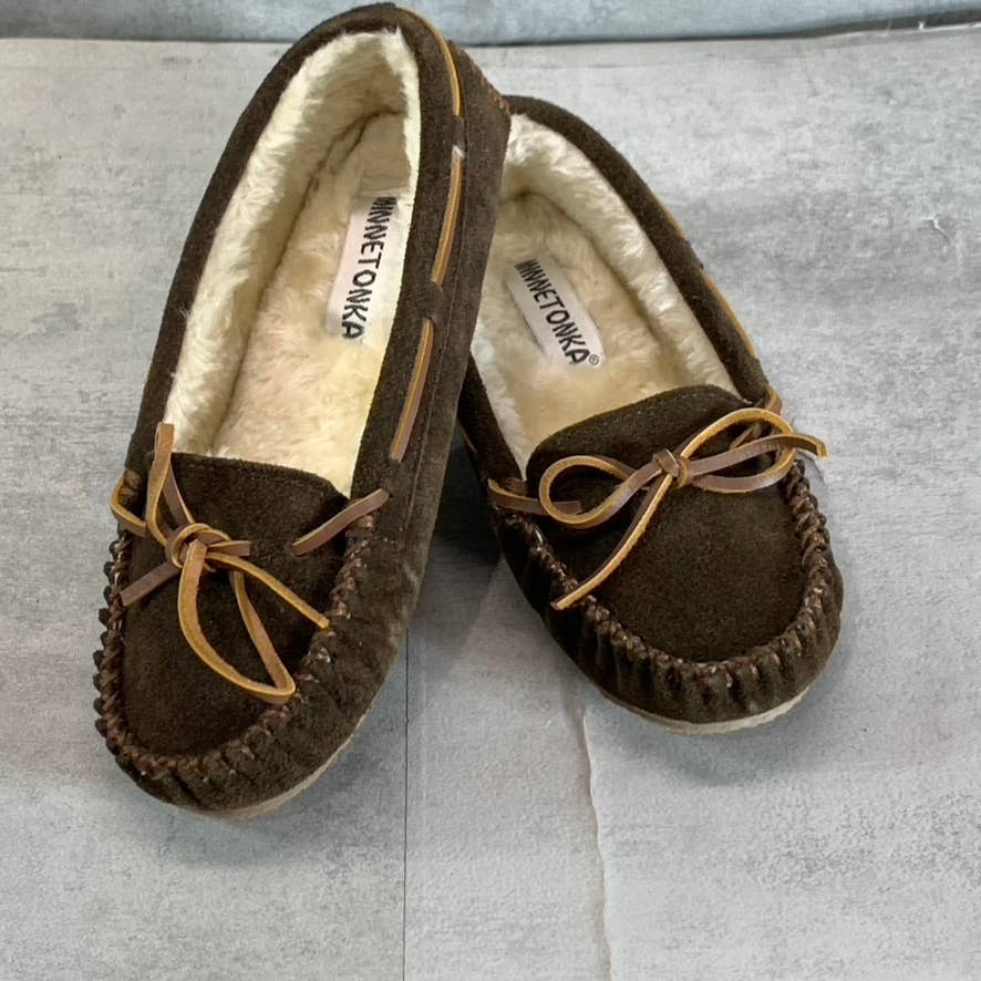 MINNETONKA Women's Chocolate Brown Cally Round-Toe Faux-Fur Moccasin Slipper SZ8