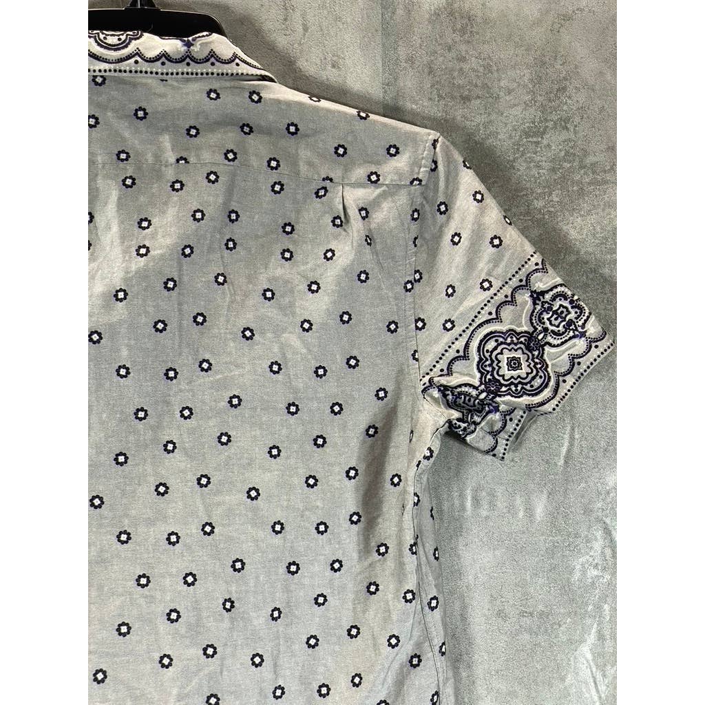 REISS Men's Grey Printed Murph Bordered Cuban Collar Button-Up Shirt SZ M