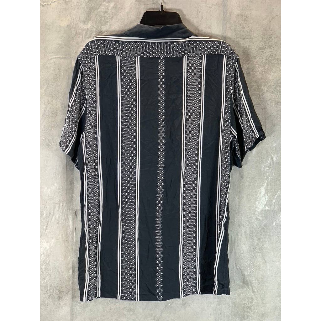 REISS Men's Black/White Diamond Striped Button-Up Short-Sleeve Camp Shirt SZ XL