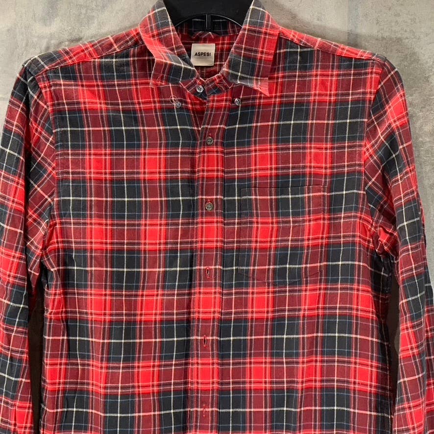 ASPESI Men's Red/Black Checkered Button-Up Long-Sleeve Shirt SZ S