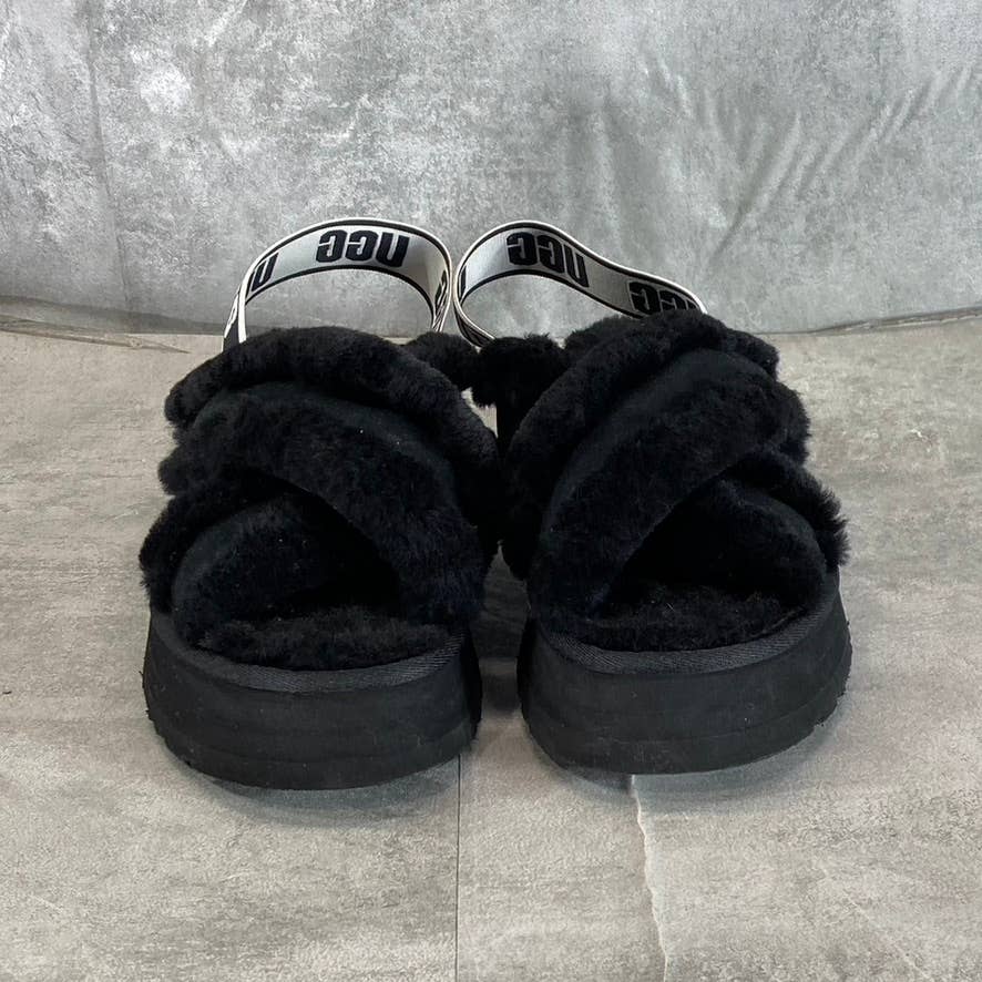 UGG Women's Black Fur Disco Cross Slide Elastic Ankle-Strap Slippers SZ 8