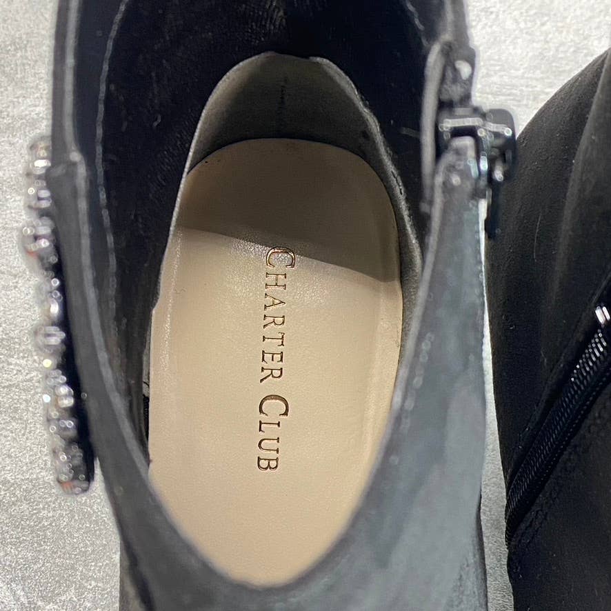 CHARTER CLUB Women's Black Microsuede Crafta Embellished Pointed-Toe Booties SZ 8.5