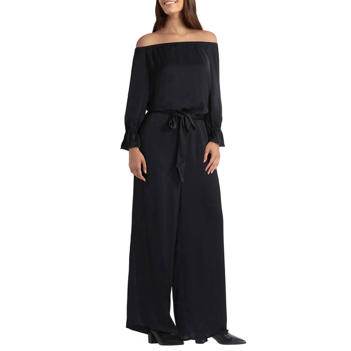 GIGI PARKER Women's Solid Black Off-The-Shoulder Long-Sleeve Wide-Leg Jumpsuit