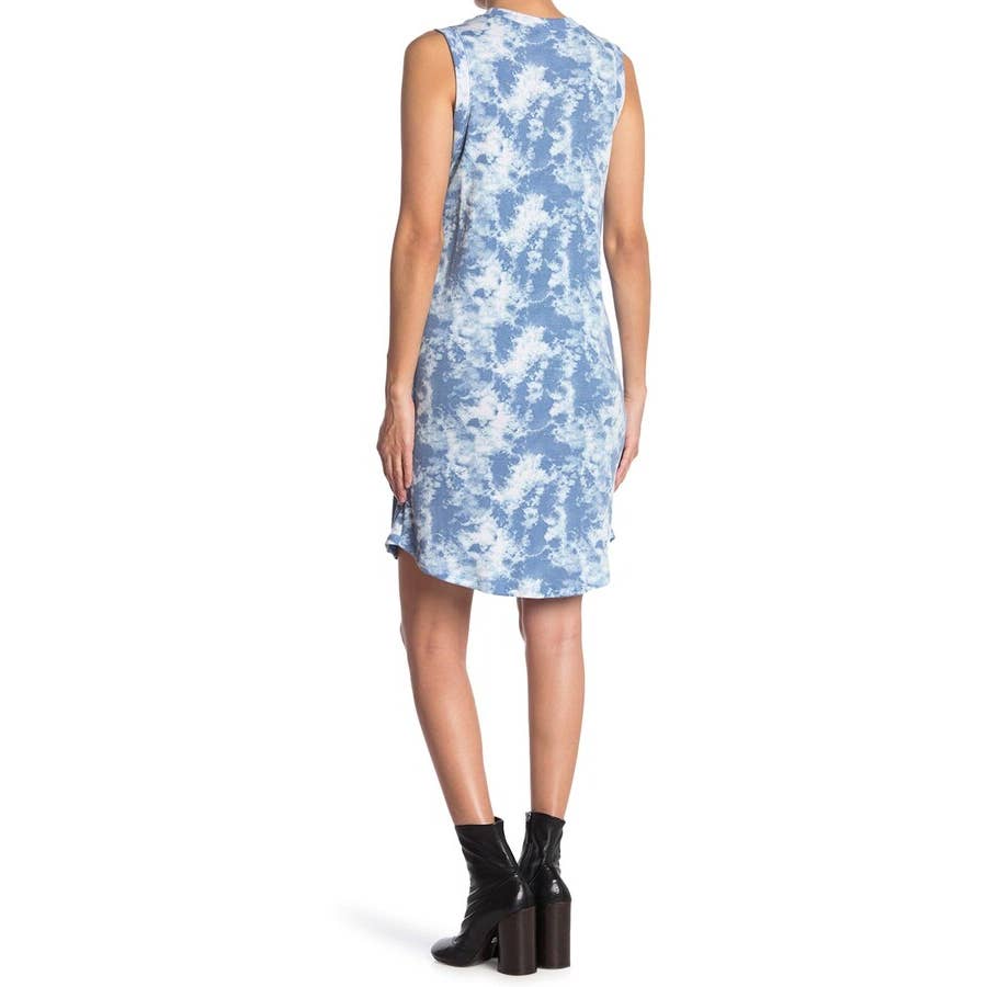 BOBEAU Women's Blue Tie-Dye Ribbed Knit Sleeveless Crewneck Mini Dress SZ M