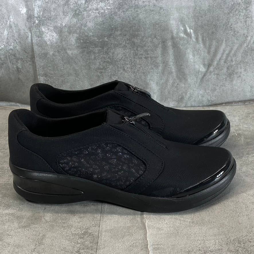 BZEES Women's Black Leopard Twill Fabric Florence Front-Zip Slip-On Sneaker SZ10