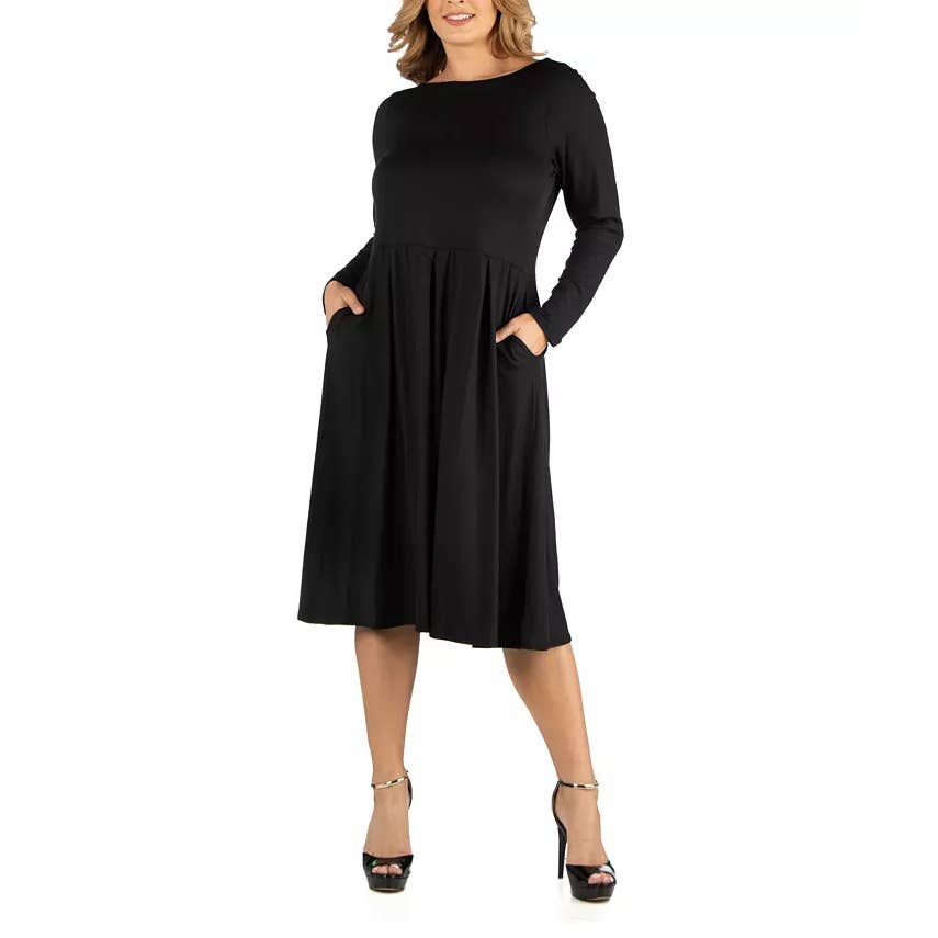 24SEVEN COMFORT APPAREL Women's Black Round-Neck Long-Sleeve Midi Dress SZ S