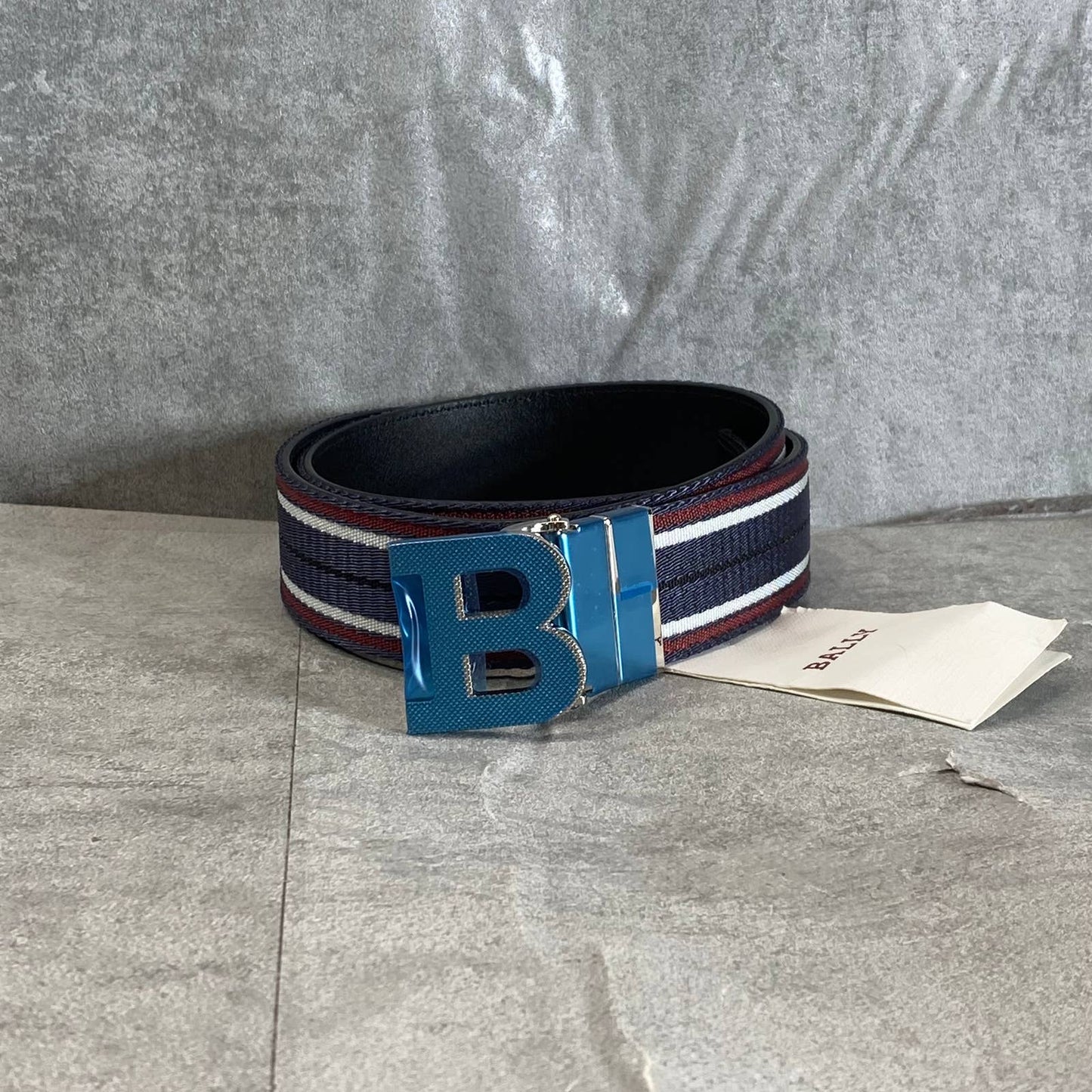 BALLY Men's Navy Striped Silver-Tone B-Buckle Fabric Belt SZ 85(XS)