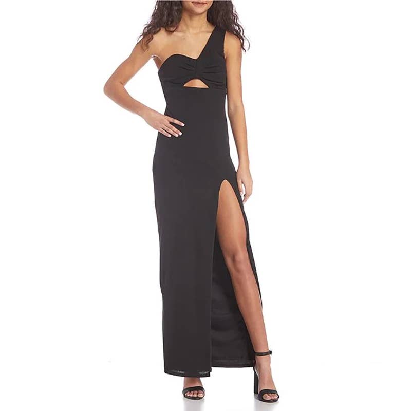 CITY STUDIO Juniors' Black One-Shoulder Cutout Side-Slit Maxi Dress SZ 9