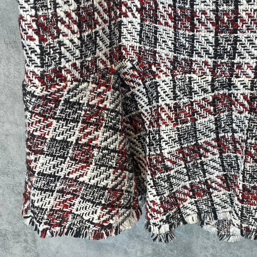PLEIONE Women's Black/Red Tweed Printed Frayed Trim Sleeveless Mini Bodycon Dress SZ L
