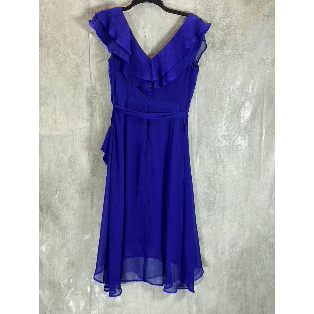 DKNY Women's Blue Ruffle Belted V-Neck Mesh Short-Sleeve Midi Dress SZ 2