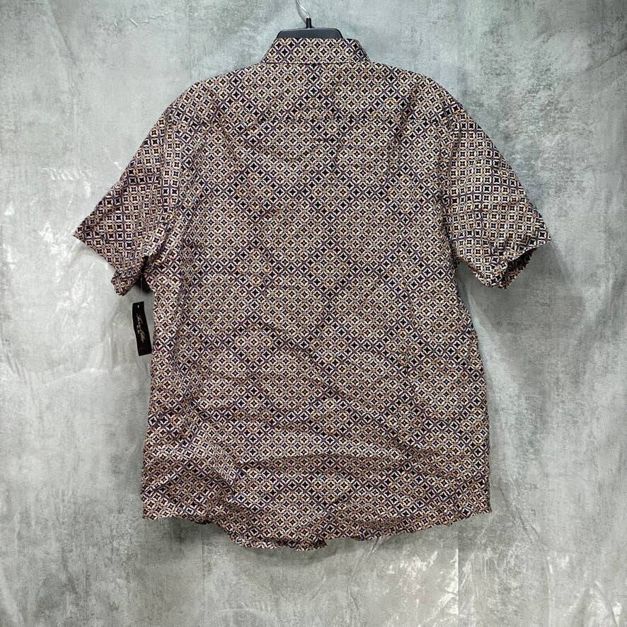 TASSO ELBA Brown Diamante Pattern Button Down Short Sleeve Shirt SZ L