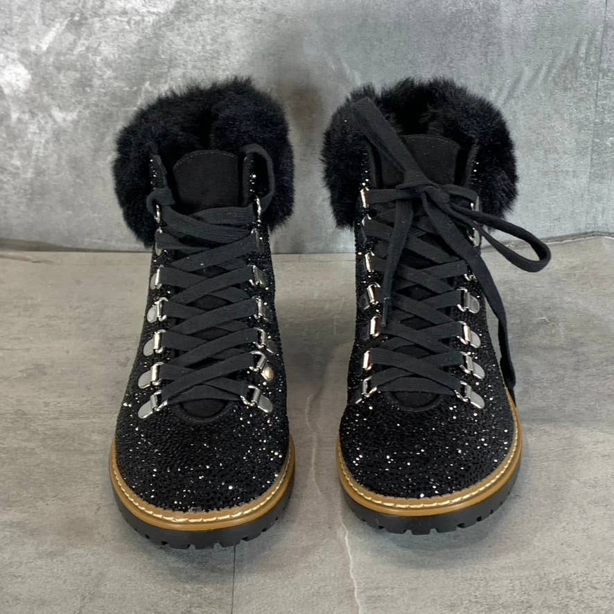INC INTERNATIONAL Women's Black Pravale Bling Faux-Fur Lace-Up Hiker Boots SZ 8