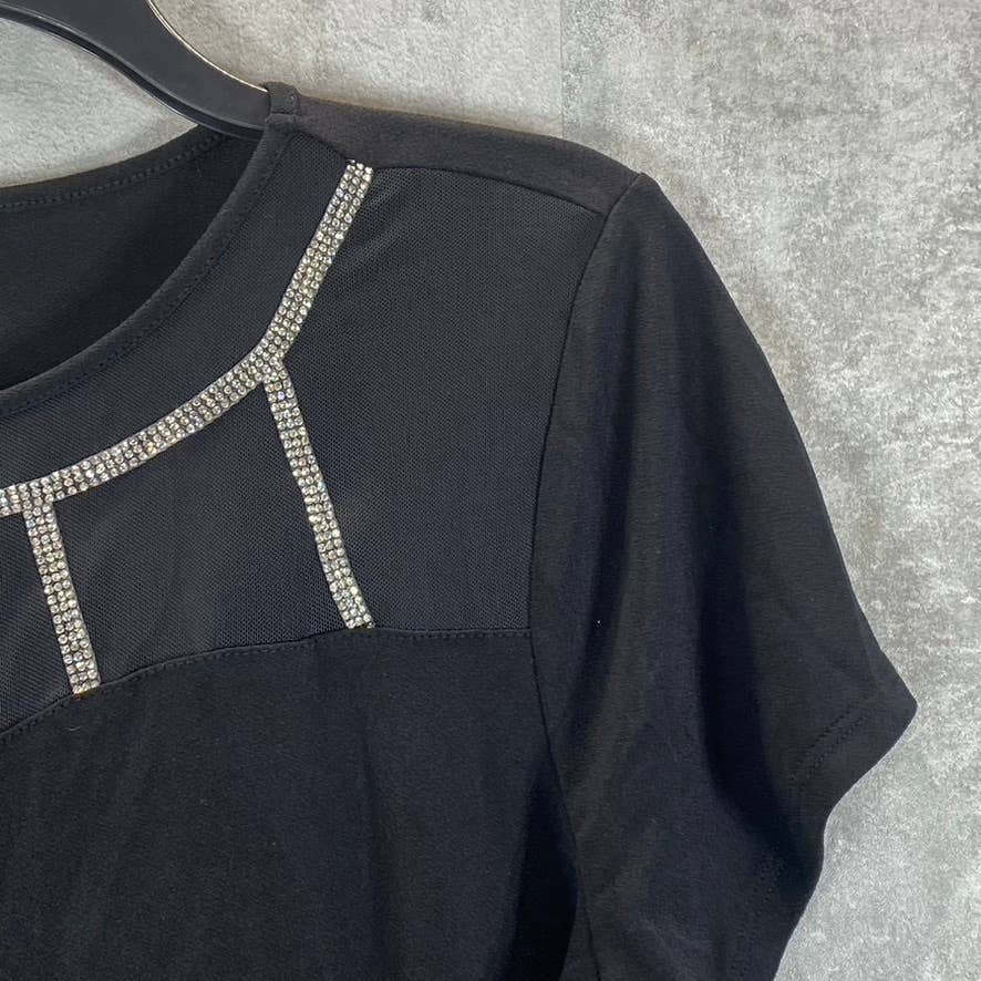 NY COLLECTION Women's Black Mesh Yoke Rhinestone Detail Crepe Knit Top SZ L