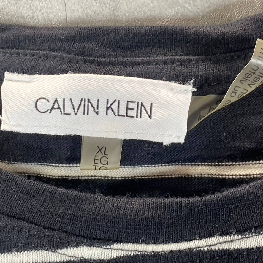CALVIN KLEIN Women's Black Striped Crewneck Tie-Waist Short-Sleeve Top SZ XL