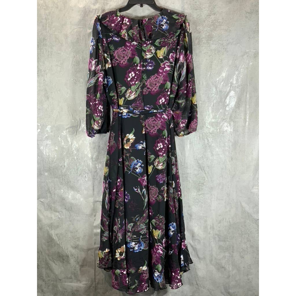 NY COLLECTION Women's Black-Plum Floral 3/4 Sleeve Tie-Waist Ruffle Dress SZ M