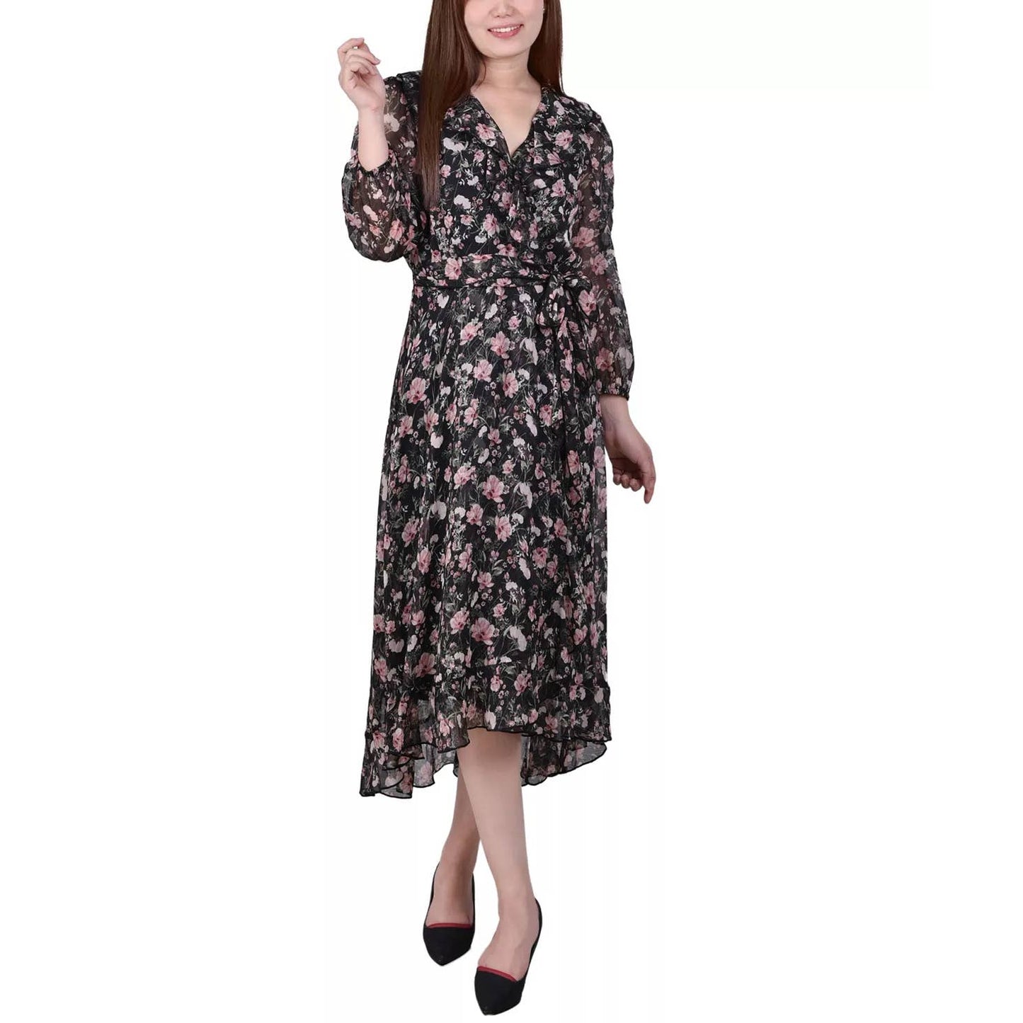 NY COLLECTION Women's Black-Plum Floral 3/4 Sleeve Tie-Waist Ruffle Dress SZ M