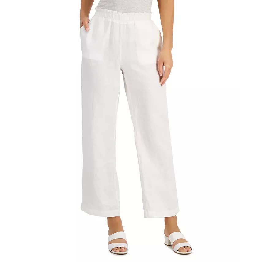 CHARTER CLUB Women's Bright White Linen Pull-On Straight-Leg Pants SZ L