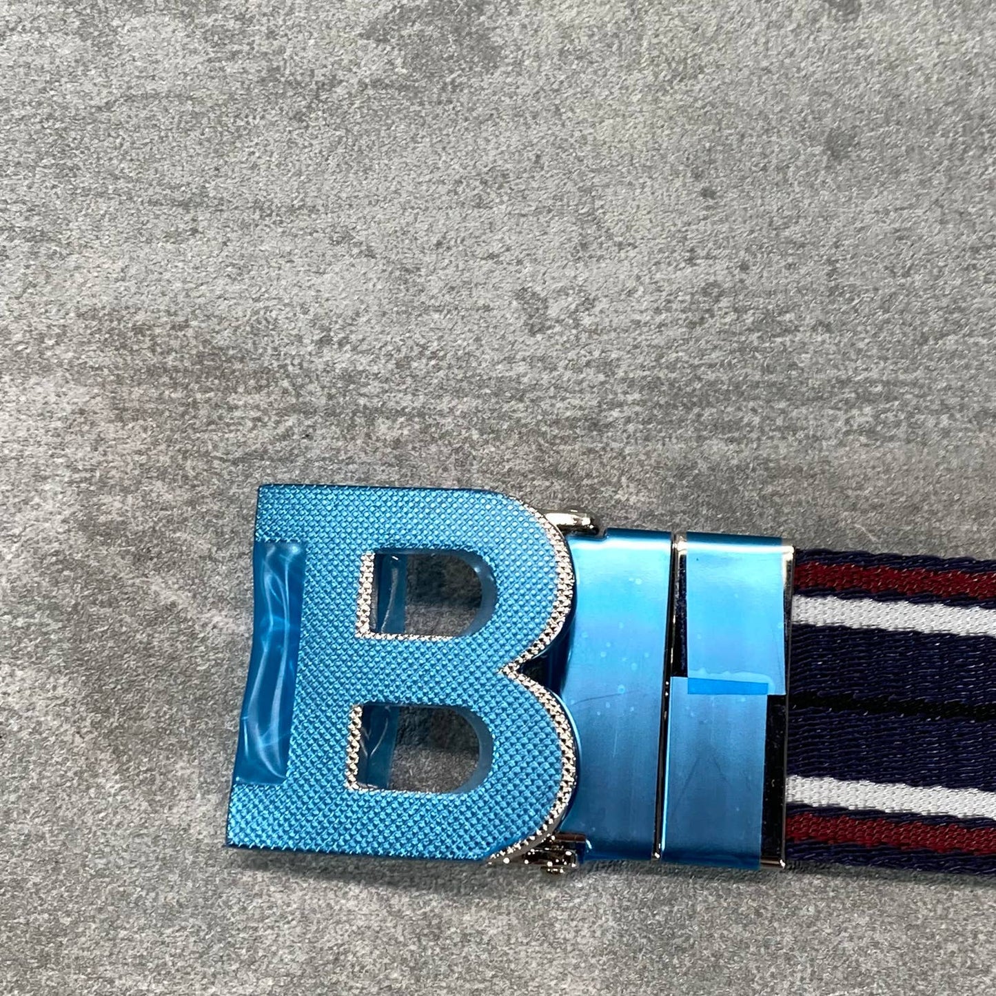 BALLY Men's Navy Striped Silver-Tone B-Buckle Fabric Belt SZ 85(XS)