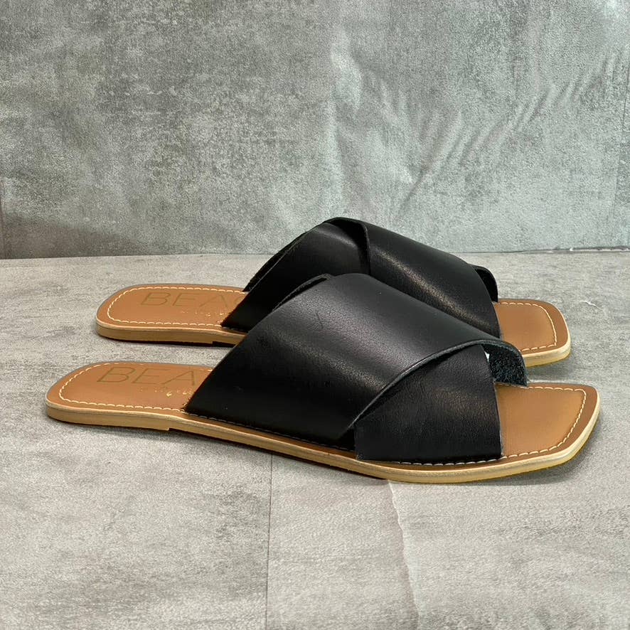 BEACH By MATISSE Women's Black Leather Taz Cross-Band Square-Toe Slide Sandals SZ 10
