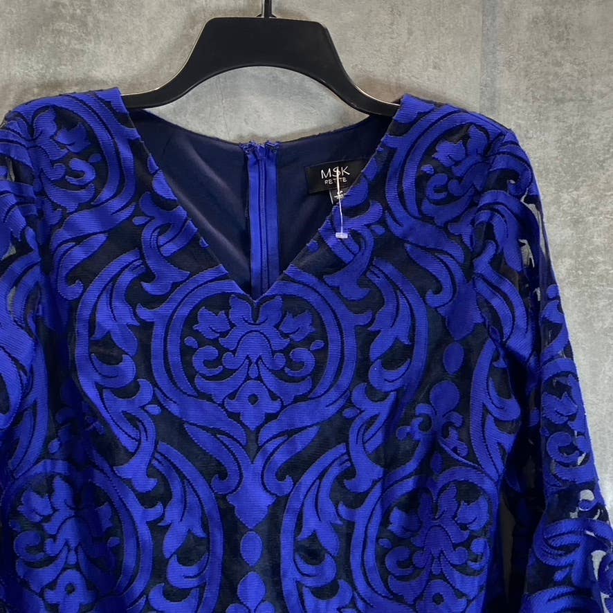 MSK Women's Petite Blue Embroidered Mesh Overlay 3/4 Bell Sleeve Sheath Dress