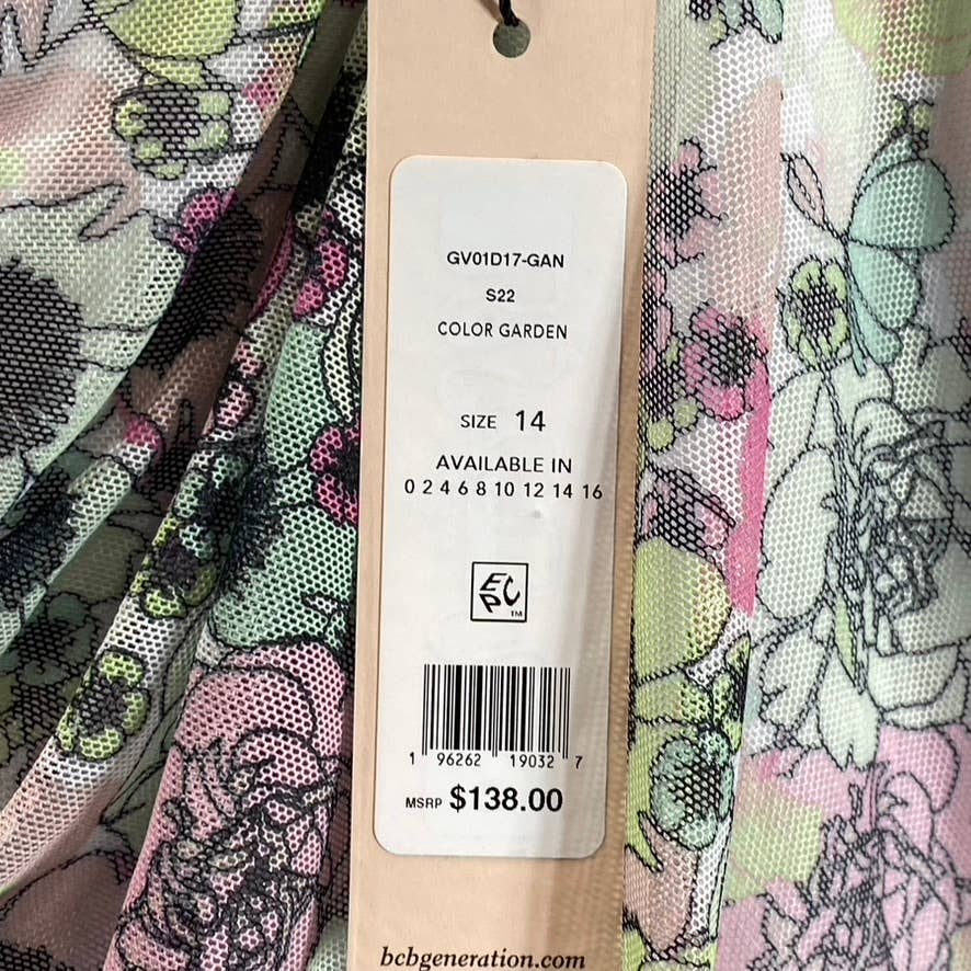 BCBGENERATION Women's Garden Printed Scoop-Neck Ruched Mesh Mini Dress SZ 14