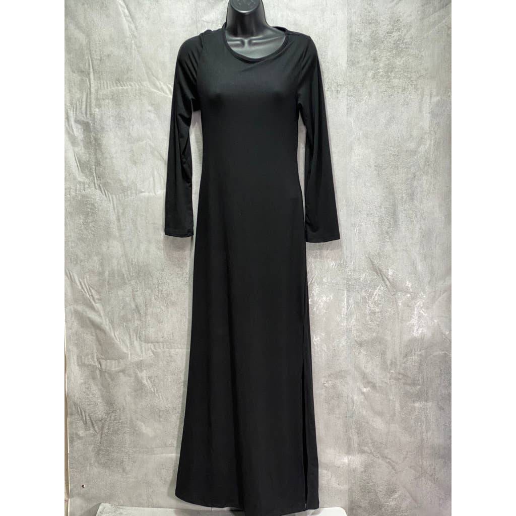 24SEVEN COMFORT APPAREL Solid Black Form Fitting Long Sleeve Side Slit Maxi Dress SZ S
